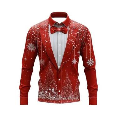 Imagem de Camisa Masculina De Natal De Manga Longa Com Lapela Casual Moda Festa 