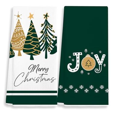 Imagem de EJGFS Conjunto de 2 toalhas de cozinha decorativas de Natal em verde, Feliz Natal com alegria, panos de prato, enfeites de Natal, toalhas de mão, 40 x 61 cm, para família, amigos, etc. (028)