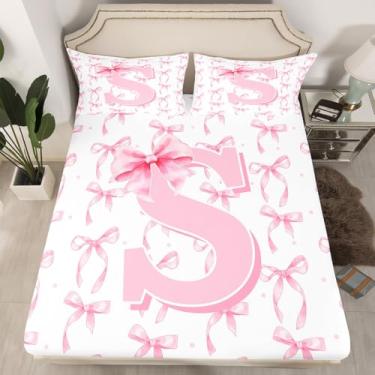 Imagem de Erosebridal Jogo de cama casal com laço rosa e branco, letra P, laço rosa e branco, para meninas e crianças, lençol de cima com monograma, laço fofo com laço de 3 peças (sem lençol de cima)