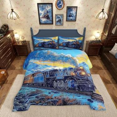 Imagem de Erosebridal Conjunto de cama Queen, trem a vapor, trens ferroviários, conjunto de edredom para meninos e meninas, veículo de transporte, inverno, neve, montanha, 3 peças, decoração de quarto