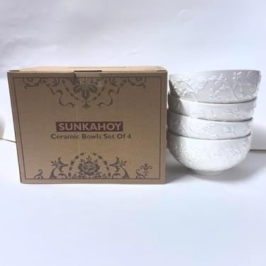 Imagem de SUNKAHOY Tigelas de sopa, tigelas de cereal, conjunto de 4, tigelas decorativas de cerâmica Ramen em relevo louça de cozinha pratos de porcelana para arroz, macarrão, jantar, café da manhã