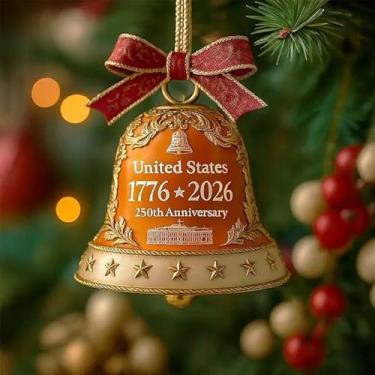 Imagem de Enfeite comemorativo de Natal com sino comemorativo de 250º aniversário | Decoração patriótica semicentenária | Presente de lembrança de marco histórico americano para veteranos, colecionadores e fãs
