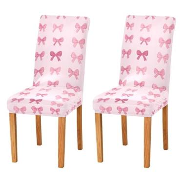 Imagem de SEHANY Conjunto de 2 capas de cadeira com laço de bolinhas rosa para sala de jantar, elástico, removível e lavável, para cozinha, hotel, festa, Natal