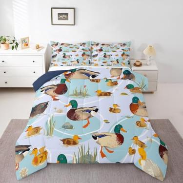 Imagem de jejeloiu Conjunto de edredom Queen fofo de pato selvagem, caça, pato selvagem, para adolescentes caçando e pescando, bem-vindo ao lago, botânico, azul, conjunto de edredom para decoração de quarto