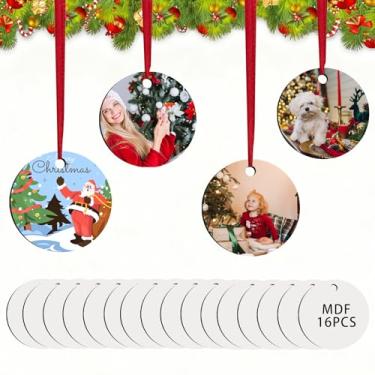 Imagem de Ornamento de sublimação em branco, 16 peças de sublimação de dupla face, enfeites de Natal personalizados, pingentes de MDF redondos brancos para decorações de Natal