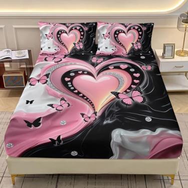Imagem de AILONEN Jogo de cama solteiro com coração rosa, estampa de coração rosa e preto, borboleta com 2 fronhas, jogo de cama romântico de 3 peças