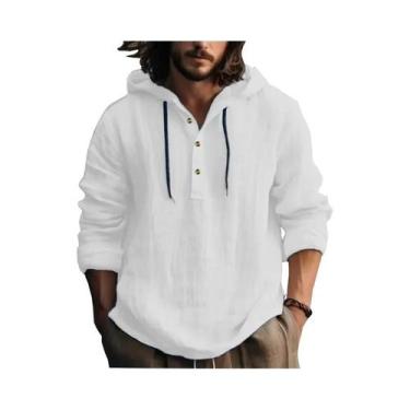 Imagem de Camisa Casual De Manga Longa Com Capuz Em Algodão E Linho Para Homens,