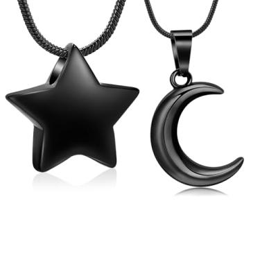 Imagem de mingkejw Colar de urna de estrela da lua pequena para cinzas, joia de cremação para mulheres e homens, colar memorial de aço inoxidável, suporte de cinzas para animais de estimação humanos, joia de