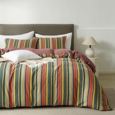 Imagem de mixinni Conjunto de edredom Queen Size 3 peças, vintage, colorido, listrado, de algodão lavado, reversível, com 2 fronhas, para todas as estações, roupa de cama leve para mulheres e homens, estilo