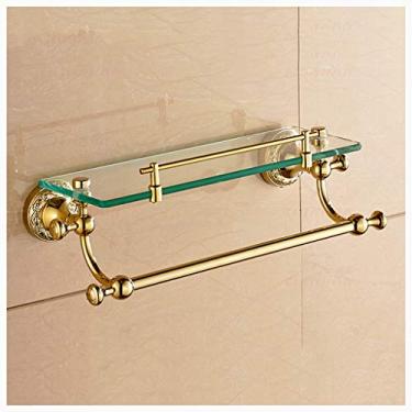 Imagem de Prateleiras flutuantes prateleira de vidro de camada única, rack de armazenamento de chuveiro de banheiro de cobre, com barra de toalha, suporte de especiarias de cozinha montado na parede (tamanho: