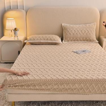 Imagem de Protetor de colchão de veludo macio e fofo, respirável, sem ruído, lençol com elástico profundo e design antiderrapante à prova de poeira para solteiro/casal/Queen/King Size cáqui||200 x 220 cm/(199.9