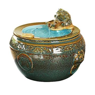 Imagem de Fonte de água de mesa de cerâmica para relaxamento com roda de água corrente e decoração de sapo da sorte para decoração de casa e escritório