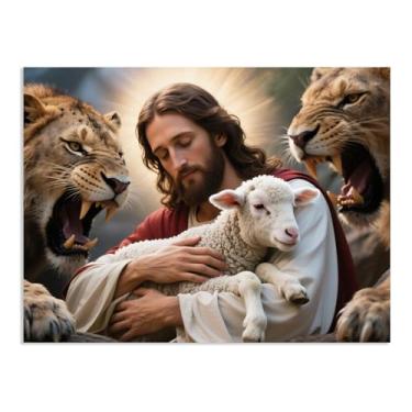 Imagem de Alba Art Pôster em tela Jesus Leão e Cordeiro Imagem Judas Impressões Inspiradoras Jesus e Leão Pintura para Escritório da Igreja em Casa 40x30cm (40.6x30.5 cm) Sem moldura