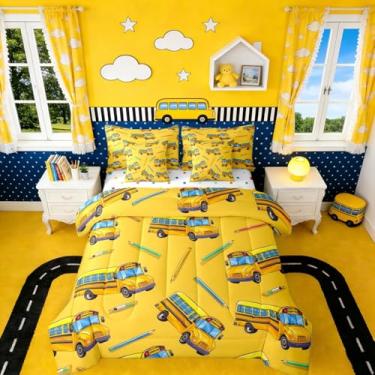 Imagem de Erosebridal Conjunto de edredom de ônibus escolar completo para casa, caminhonete escolar em uma bolsa para decoração de quarto de crianças, meninos, meninas, adolescentes, tema de carro, 7 peças