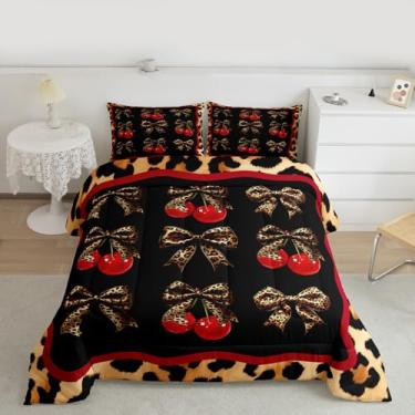 Imagem de Conjunto de cama solteiro chique com laço de leopardo, frutas de cerejeira, decoração de quarto de meninos e homens, conjunto de colcha com estampa de leopardo para crianças, 2 peças, enchimento de
