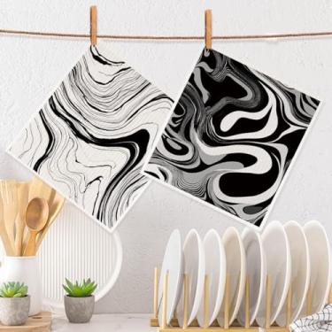 Imagem de 2 peças de panos de prato suecos com padrão de textura fluida preto e branco para cozinha, toalhas de cozinha de papel reutilizáveis super absorventes decoração artística para casa, panos de prato