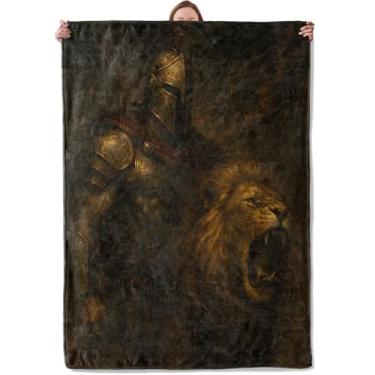 Imagem de Cobertor medieval de cavaleiro e leão para mulheres, meninas, crianças, cobertores de flanela macia e leve para quarto, sala de estar, sofá, decoração de casa 152 x 203 cm