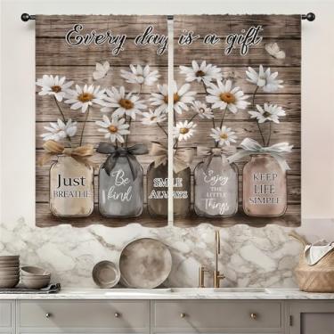 Imagem de Famiffty Cortinas de cozinha com citações de margarida branca 79,5 L x 99 cm C 2 painéis bolso para varão pequeno curto café tier cortinas de banheiro planta sobre pia cortinas de janela decoração