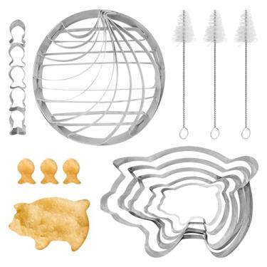 Imagem de 14 cortadores de concha, molde de pão mexicano de aço inoxidável frente e verso com 5 cortadores de biscoito de porco e 5 cortadores de biscoito de peixe, 3 escovas de limpeza, para panela doce