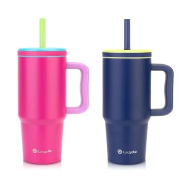 Imagem de Luxgola Copo infantil de 680 g com alça, tampa rosqueada à prova de vazamento com canudo de silicone removível, à prova de derramamento, garrafa isolada de aço inoxidável reutilizável, presente para
