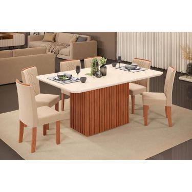 Imagem de Conjunto: Mesa de Cozinha Canes c/ Tampo Madeirado c/ Vidro Curvo 170x90cm e 6 Cadeiras Zoe Freijo/Off White - Suede Creme - DJ Móveis