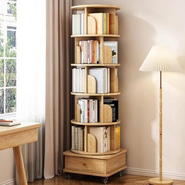 Imagem de Estante de livros com gaveta de armazenamento | Estante rotativa de canto | Estante giratória de 5/6 camadas com tela 360 com rodas de freio para quarto e sala de estar