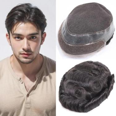 Imagem de HAPPY&CC Toupee masculina sistema de substituição de cabelo humano real respirável pele fina renda suíça densidade média leve unidades de cabelo patch prótese para homens 20 x 25 cm #2 marrom escuro