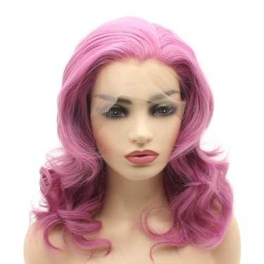 Imagem de Peruca sintética Peakia, comprimento dos ombros, ondulado, rosa, amarrada à mão