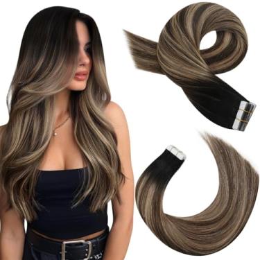 Imagem de Moresoo Extensões de cabelo humano com fita adesiva balayage preto a marrom escuro com extensões de cabelo loiro fita adesiva reta em extensões cabelo humano real para uso diário #1B/4/14 61 cm 20
