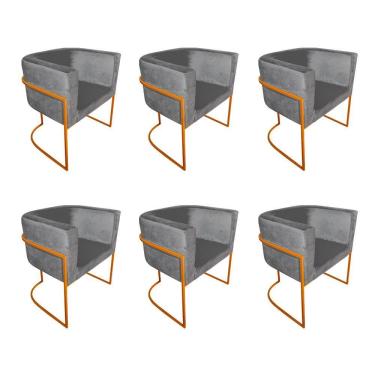 Imagem de Kit 6 Poltronas Decorativa Sala De Estar Base De Ferro Cobre Veludo Cinza