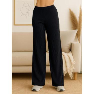 Imagem de Calça Feminina Wide Leg Pantalona Cintura Alta Tecido Canelado com Fen
