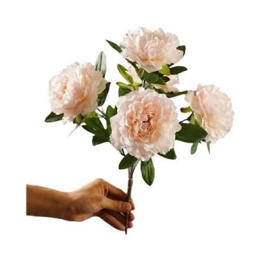Imagem de Peônias De Seda Brancas Flores Artificiais 5 Cabeças Buquê Decoração D