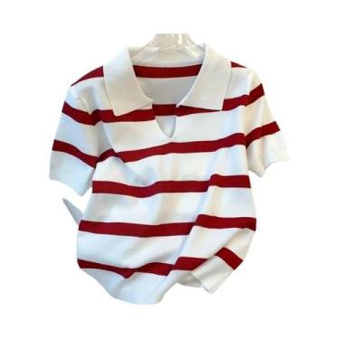 Imagem de Suéter Cropped Com Padrão Listrado Para Mulheres, Manga Curta, Top Tri