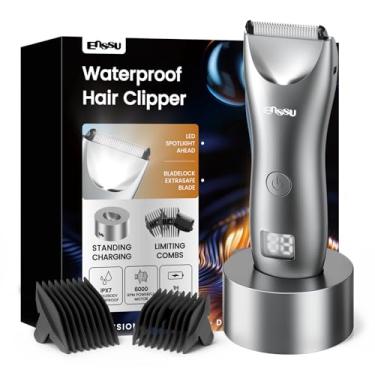 Imagem de ENSSU Aparador de pelos corporais masculino – Aparador Meridiano à prova d'água com luz LED, motor rápido de 6000 RPM, 5 configurações de comprimento, IPX7 para púbico, peito e bolas (Cinzento)