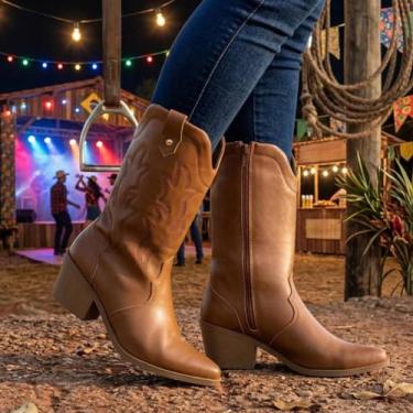 Imagem de Bota Texana Feminina Western Bordado Cano Longo Salto Grosso - LAZZLU,