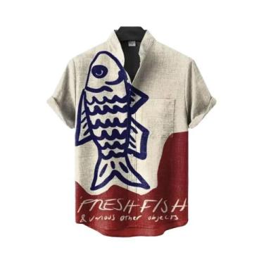 Imagem de Camisa Masculina Estilo Retrô Em Linho Respirável Com Estampa De Peixe
