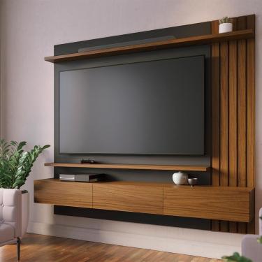 Imagem de Painel Ripado Suspenso para TV Juriti 70" 180CM MDP com Prateleiras e Portas Basculantes Preto