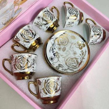Imagem de Jogo De Xicara Com Pires De Café De Porcelana 12 Peças Luxo(Xicara Ver