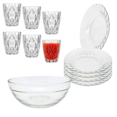 Imagem de Aparelho De Jantar Copos Pratos Diamond 13 Peças Vidro com Bowl Grande