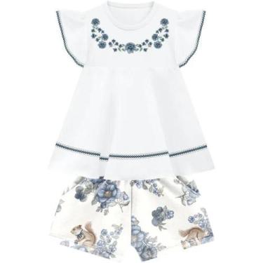 Imagem de Roupa Infantil Conjunto Feminino Verão Milon Off White Azul Florzinhas