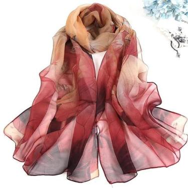 Imagem de Lenço De Seda Com Estampa Floral Para Mulheres, Xale Longo, Protetor S