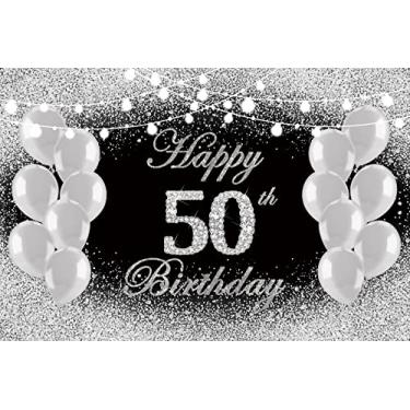 Imagem de Yeele Pano de fundo de feliz aniversário de 3 x 2,4 m para fotografia balões fundo preto glitter prata para mulher homem adultos 50 anos decoração de festa de aniversário banner de mesa de bolo, fotos de estúdio adereços