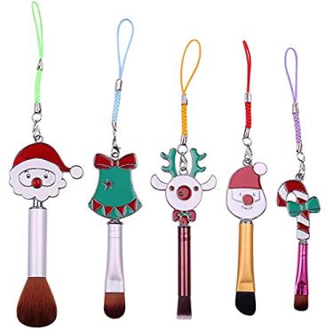 Imagem de pincéis maquiagem Natal, ferramentas maquiagem para crianças, kit maquiagem, Papai Noel, alce, doces, sino, árvore, grinalda, presente aniversário com bolsa veludo para meninas, mulheres