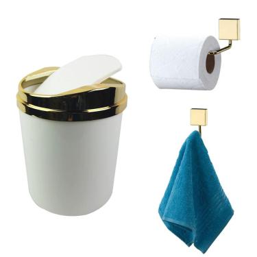 Imagem de Kit 3 Peças Banheiro Lixeira + Papeleira + Cabide Toalha Dourado - Future