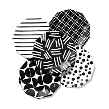 Imagem de Coterie Pratos de papel grandes preto e branco (conjunto de 10) - Para festa de verão, jantar, festa de aniversário - listras pretas e brancas, pratos de festa de bolinhas | Pratos de papel modernos de 23,5 cm | 2 de cada design