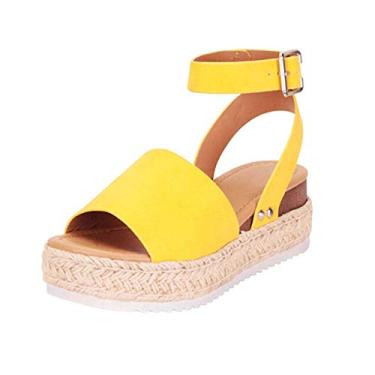 Imagem de Sandálias femininas casuais abertas de borracha sola cravejada fivela de tornozelo alça tamanho 9 sandálias chinelos (amarelo, 37)
