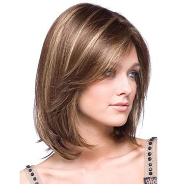 Imagem de perucas femininas cabelo humano natural, temperamento moda cabelo curto perucas femininas lace marrom fofo fibra química conjunto de cabelo perucas