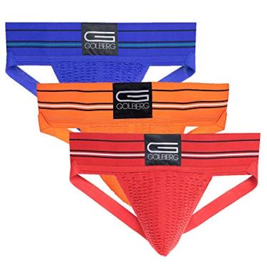Imagem de GOLBERG G Calcinha Jockstrap masculina – Suporte atlético – Pulseira para adultos e jovens, Blue, Orange, Red (3 Pack), Medium (32-38 Inch)