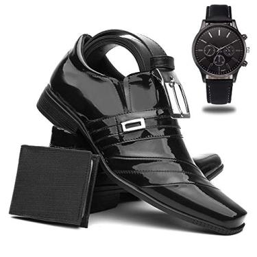 Imagem de Sapato Social Masculino Verniz + Cinto + Carteira + Relógio - Preto-407/40