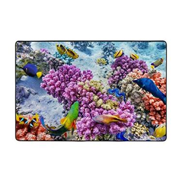 Imagem de Tapete colorido de corais e peixes, 1,2 m x 1,8 m, tapete de decoração para ambientes internos e externos, tapete leve e moderno para quarto, sala de jantar, escritório, cozinha
